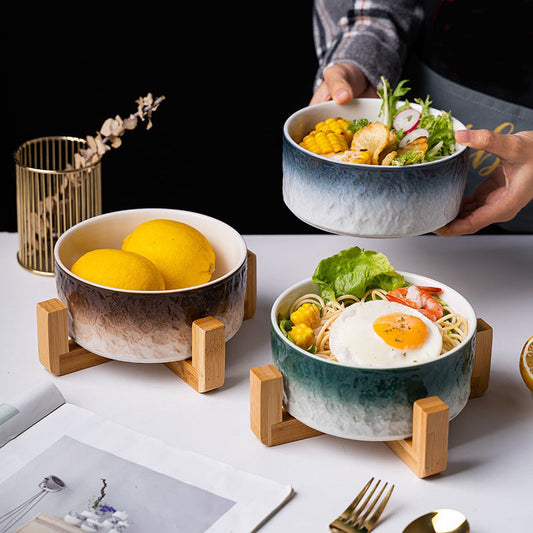 KFX-1890237 Ceramic Anti-Overturning Pet Bowl in Gradient Stone Colors with Optional Wood Rack