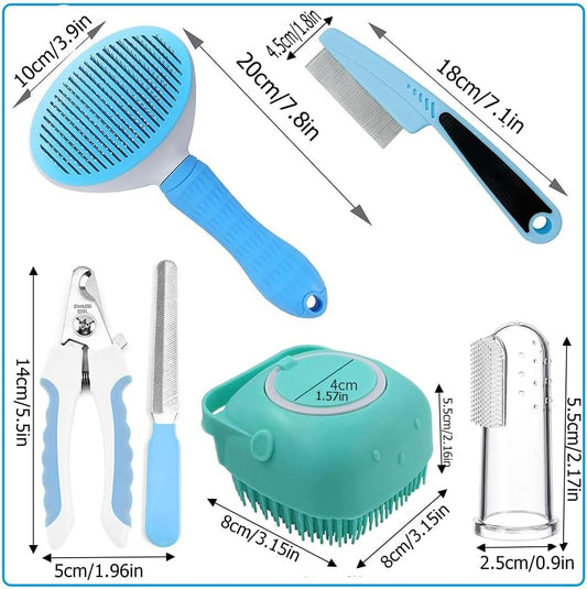 KFX-1945661 7-Piece Pet Grooming Set with Self-Cleaning Brush, Nail Clipper, Flea Comb, Bath Brush, and Toothbrush
