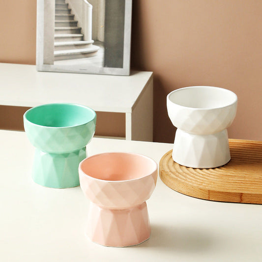 KFX-1950013 Ceramic High Foot Cat Bowl - Available in White, Pink, and Green Options