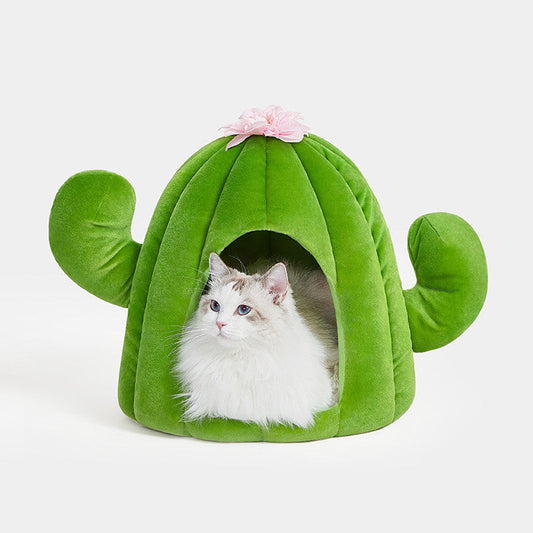 KFX-1959613 Cactus Pet Nest Plus Velvet Cat Bed - Dark Green, Medium Size, 100% Polyester & Polypropylene EPE