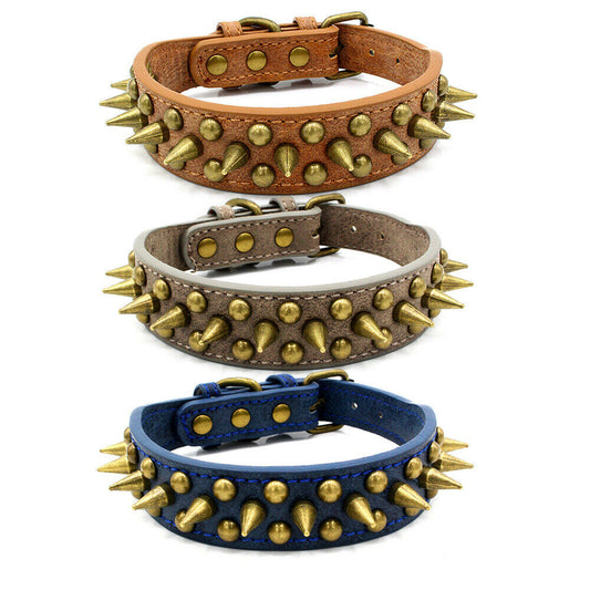 KFX-1984061 Retro Spiked Rivet Dog Collar in Leather for Large Breeds, Sizes S-XL