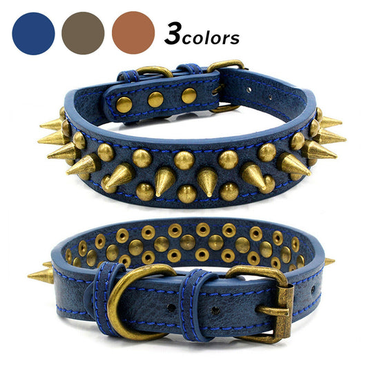 KFX-1984061 Retro Spiked Rivet Dog Collar in Leather for Large Breeds, Sizes S-XL