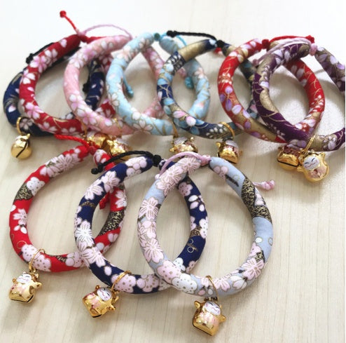 KFX-1990333 Japanese Fabric Pet Collar with Adjustable Drawstring and Bell for Cats and Dogs