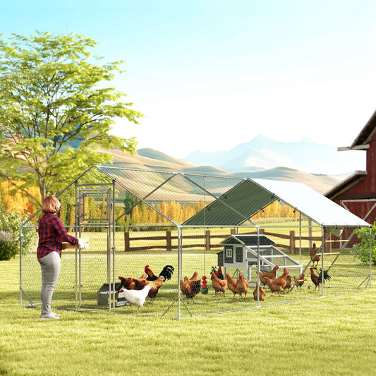 KFX-2019005 Spacious Metal Chicken Run with Waterproof UV Cover and Feeding Door for 18-24 Chickens, Dimensions 9.8' x 19.7' x 6.4'