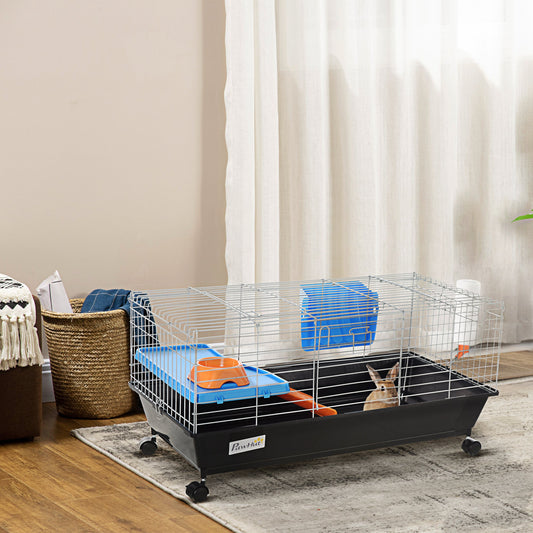 KFX-2030525 Durable 35"L Small Animal Cage for Rabbits, Chinchillas, and Guinea Pigs with Food Dish, Water Bottle, and Ramp