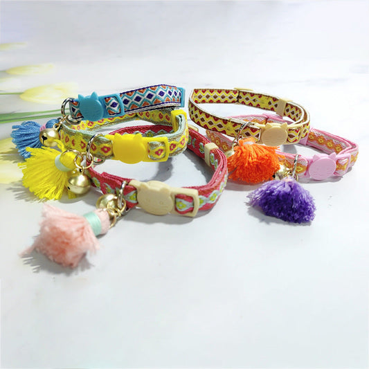 KFX-2034621 Anti-Suffocation Adjustable Cat Collar with Tassel Bell and Safety Buckle - Variety of Colors Available
