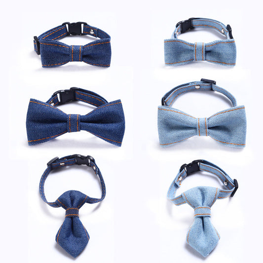 KFX-2055869 Adjustable Denim Bow Tie Collar for Cats and Dogs - Geometric Pattern, All Seasons