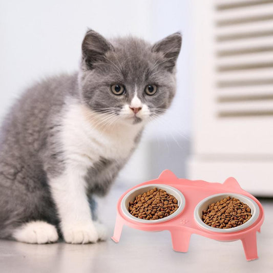 KFX-2061117 Elevated Ceramic Cat Food and Water Bowl Set with Tilted Design and Stand