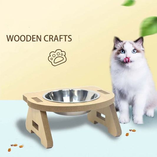 KFX-2093885 Elevated Wooden Cat Bowl Feeder with Stainless Steel Bowls for Food and Water, Anti-Overturn Design