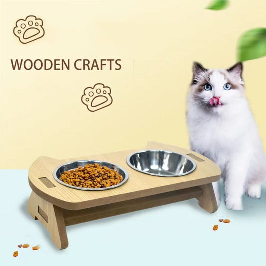 KFX-2093885 Elevated Wooden Cat Bowl Feeder with Stainless Steel Bowls for Food and Water, Anti-Overturn Design