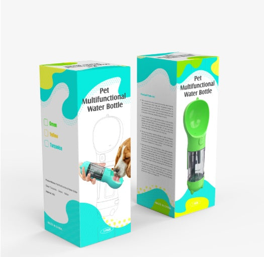 KFX-2103997 Multi-Functional Pet Water Bottle with Waste Bag and Shovel, 300ml - Available in Yellow, Pink, Blue, Green
