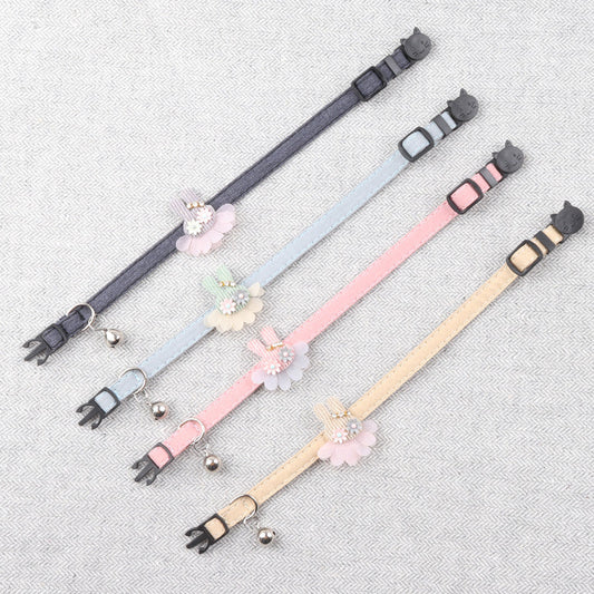 KFX-2109885 Pure Color Ribbon Pet Collar for Cats with Bell - Available in Gray, Brown, Light Blue, Khaki, and Pink
