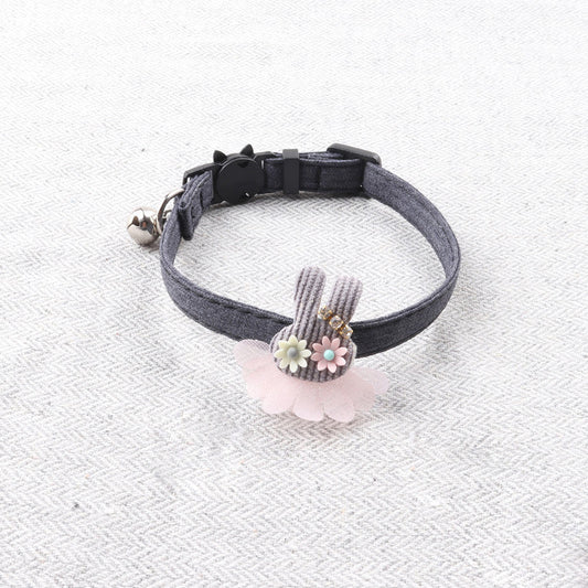 KFX-2109885 Pure Color Ribbon Pet Collar for Cats with Bell - Available in Gray, Brown, Light Blue, Khaki, and Pink