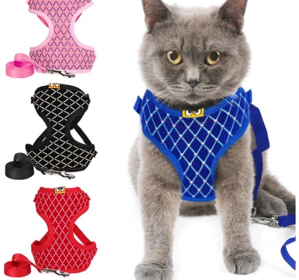 KFX-2112957 Rhinestone-Embellished Mesh Pet Harness and Leash for Small Pets - Breathable and Adjustable Outdoor Walking Set
