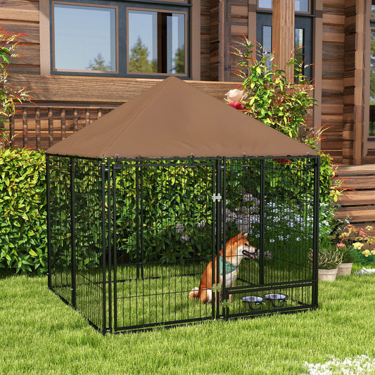 KFX-2117309 Outdoor Dog Kennel Playpen with Canopy, 4.6' x 4.6' x 5', Includes Rotating Food and Water Bowls