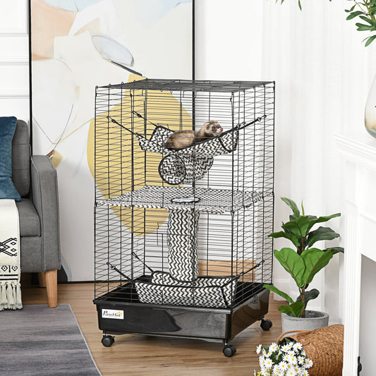 KFX-2123069 42" Multi-Tier Metal Ferret Cage with Wheels, Hammocks, Tunnels, and Three Doors, Black