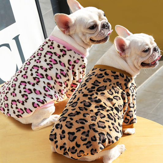 KFX-2131773 Warm Coral Fleece Pajamas for Dogs in Brown and Pink Leopard Prints