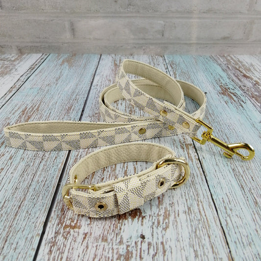 KFX-2148413 Plaid Leather Dog Collar with Leash and Gift Box - Various Sizes Available