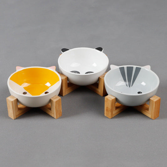 KFX-2152381 Ceramic Cat Food Bowl with Bamboo Stand - Pink Fox, Panda, and Gray Cat Designs