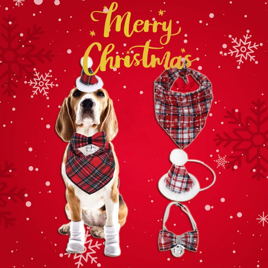 KFX-2171069 Christmas Triangle Pet Bib with Santa Deer Print - Durable Fabric Dog Scarf for Holiday Wear