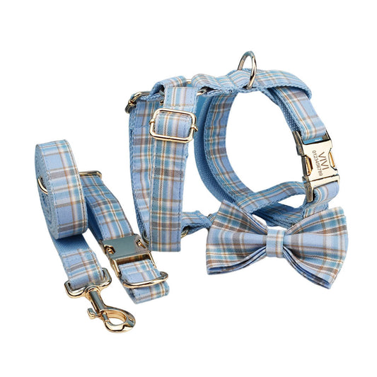KFX-2186941 Sky Blue Grid Dog Collar and Leash Set with Bow Tie for Small to Medium Dogs