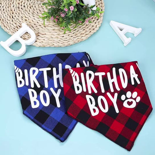 KFX-2203837 Dog Birthday Plaid Triangle Scarf and Saliva Towel, Cotton, Customizable Size