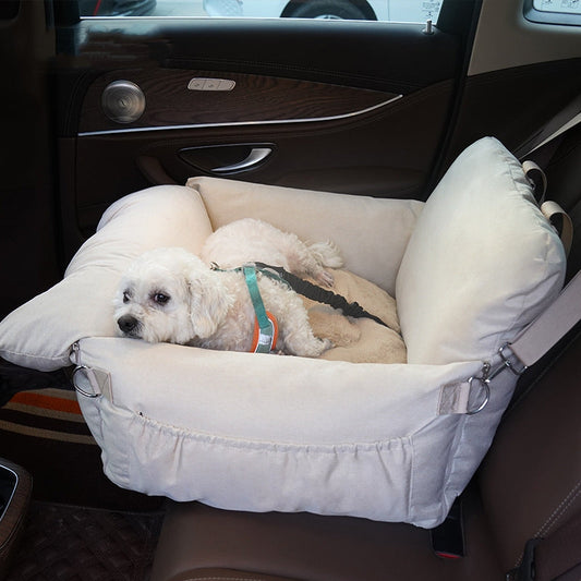 KFX-2216765 Creamy-White Linen Car Safety Seat Dog Bed - 60x50x43 cm, Comfortable Pet Cushion for Car Travel