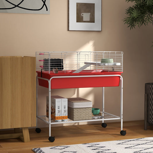 KFX-2221373 Two-Story Small Animal Habitat with Removable Stand, Wheels, and Shelf - Ideal for Guinea Pigs, Chinchillas, Ferrets, and More, 33" x 18.5" x 35"