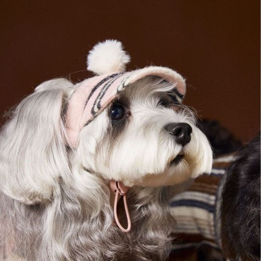 KFX-2230845 Striped Acrylic Fur Ball Hat for Dogs - Pink and Coffee, Sizes Small to Large