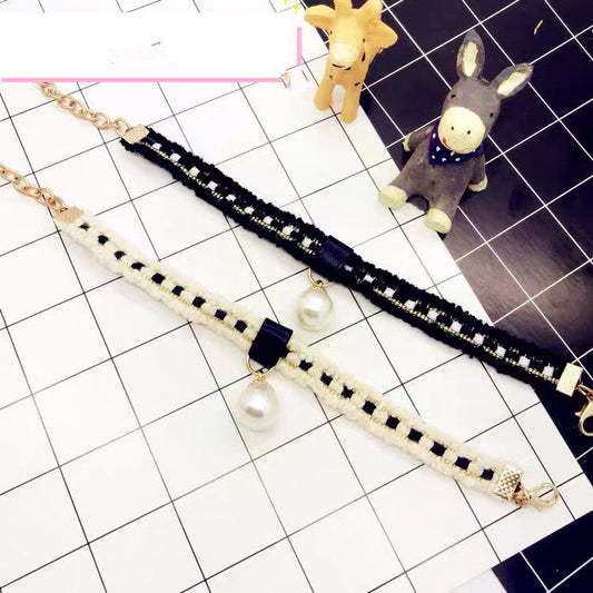 KFX-2246717 Fragrant Pearl Single Rope Dog Necklace - Cute Design in Black and Milky White, Multiple Sizes Available