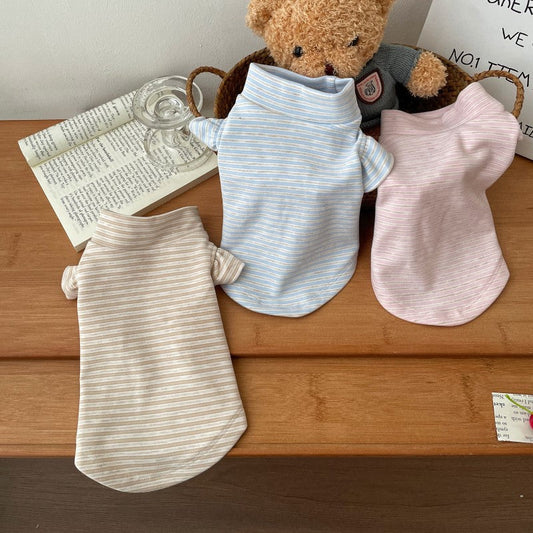 KFX-2255037 Striped Turtleneck Flounced Sleeve Pet Shirt in Blue, Pink, and Coffee
