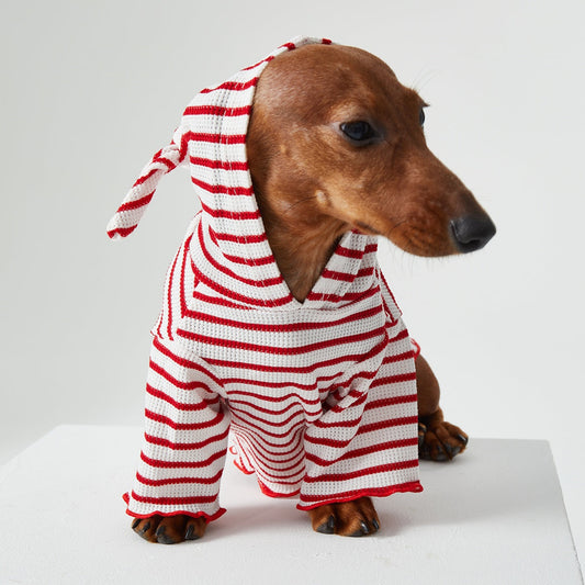 KFX-2256829 Striped Hooded Pet Apparel for Cats and Dogs - Two Feet Design, Available in Red and Blue, Multiple Sizes