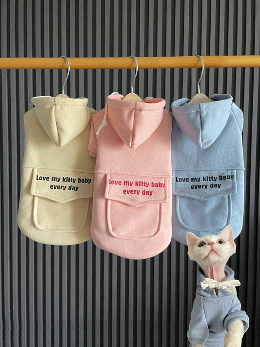 KFX-2261309 Pure Cotton Hooded Sweater for Cats - Available in Haze Blue, Pink, and Beige, Multiple Sizes