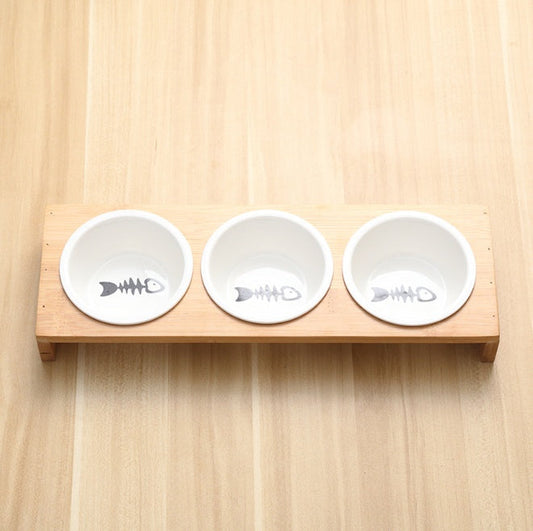 KFX-2271933 Bamboo Frame Ceramic Pet Feeder Bowls - Single, Double, or Triple Design for Cats