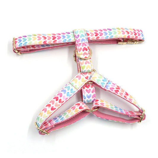 KFX-2276797 Colorful Heart Pattern Pet Chest Strap with Gold Buckle for Dogs - Adjustable Sizes XS to L