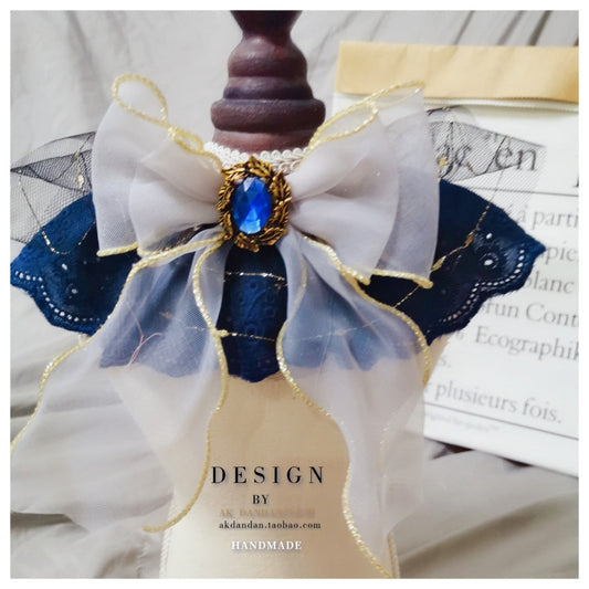 KFX-2279485 Handmade Sapphire Bow Collar Bib for Cats and Dogs with Long Scarf Design
