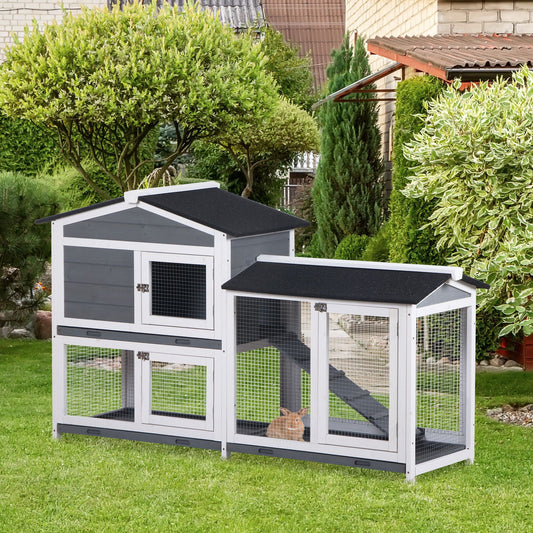 KFX-2292669 2-Tier Wooden Indoor Rabbit Hutch with Ramp and Run Area for Small Animals