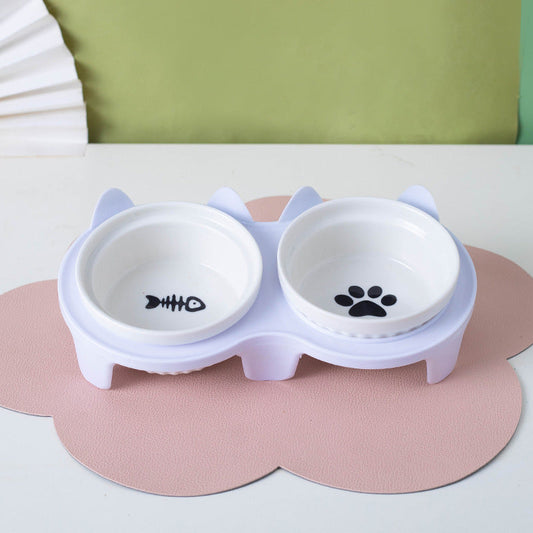KFX-2300733 Ceramic Double Pet Bowl Set with Rack and Non-Slip Mat - Water and Food Bowl for Cats and Dogs