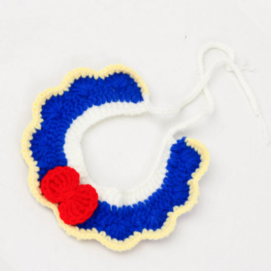 KFX-2302141 Hand-Knitted Adjustable Flower Bow Cat and Dog Collar in Red, Blue, Pink, White, and Navy Blue - Made from Soft Milk Cotton