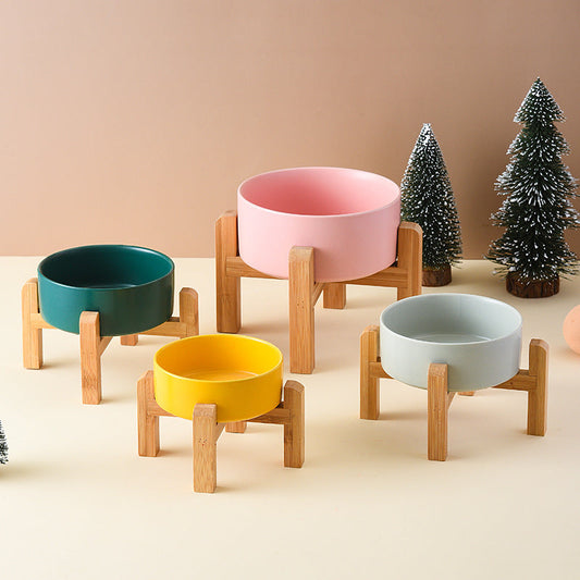 KFX-2310461 Elevated Ceramic Pet Bowl with Bamboo Wood Frame - Multiple Colors & Sizes Available