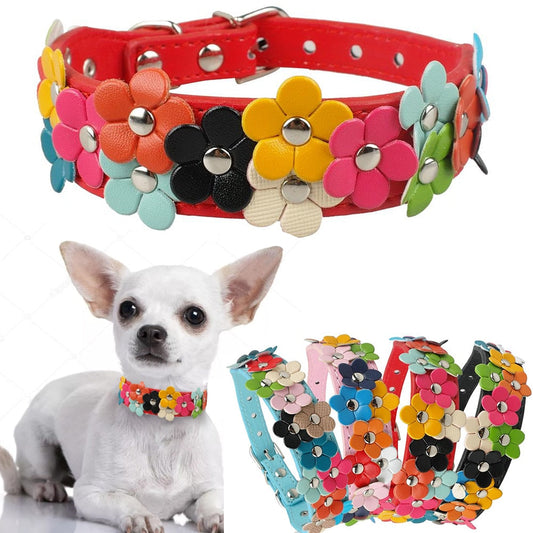 KFX-2318013 Double Row Colorful Flower Dog Collar - Durable PU Material - Adjustable Sizes S & M