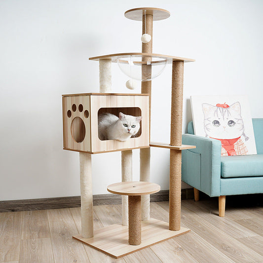 KFX-2325053 Wooden Cat Crawl Nest Scratching Board with Space Capsule Design