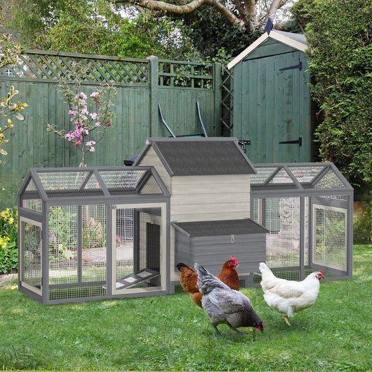 KFX-2325437 Wooden Chicken Coop with Double Run, Nesting Box, Gray - 100" Poultry House for Backyard Hens and Rabbits