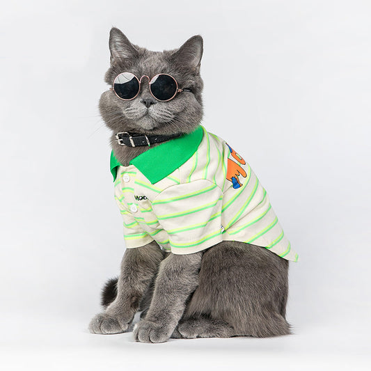 KFX-2332093 Thin Cotton Green Striped Polo Shirt for Pets - Summer Style