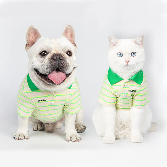 KFX-2332093 Thin Cotton Green Striped Polo Shirt for Pets - Summer Style