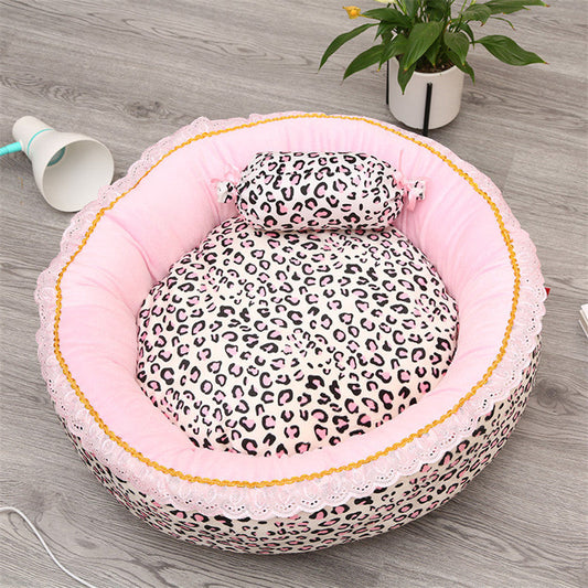 KFX-2337341 Pink Leopard Pattern Lace Dog and Cat House - Square & Round Nest Options