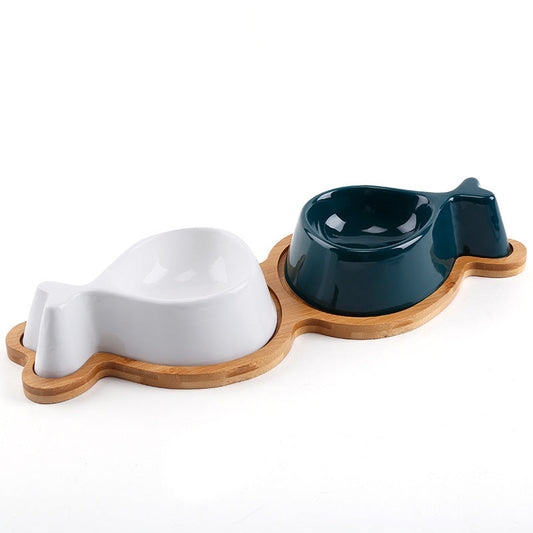 KFX-2348989 Ceramic Fish-Shaped Bowl with Sturdy Wooden Stand for Tea Drinking