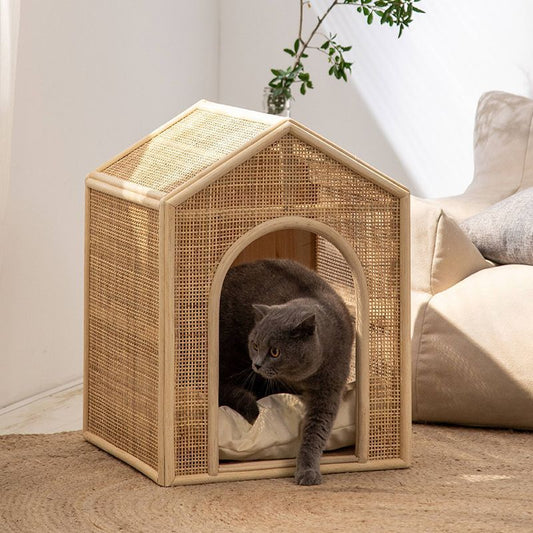 KFX-2375869 Woven Rattan Cat Bed for Comfortable Summer Ventilation - All-Season Pet Nest