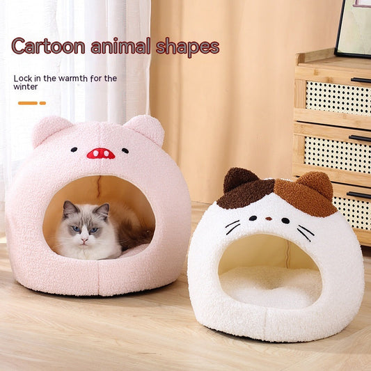 KFX-2379837 Cozy Teddy Plush Semi-closed Cat Nest in White with Brown Ears