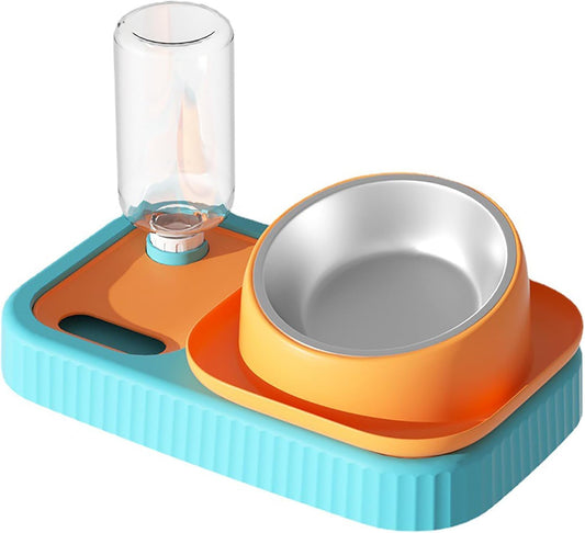 KFX-2388797 Elevated Double Pet Food and Water Bowl Set with Automatic Gravity Water Dispenser and Slow Feeder Design